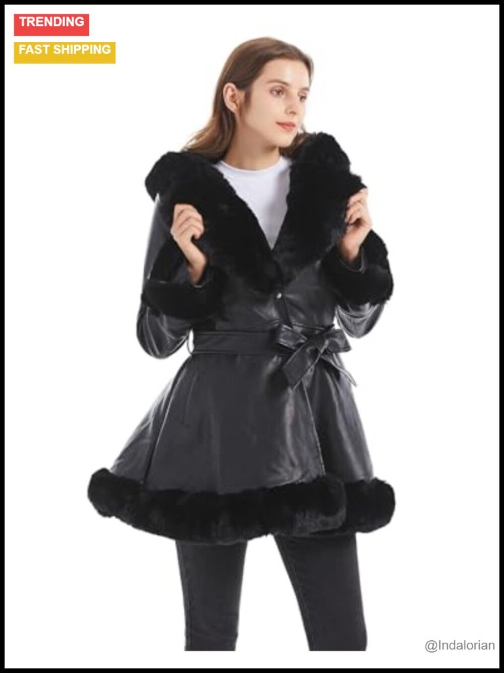 Womens Faux Fur Leather Trench Coat Winter Long Sleeve Warm
